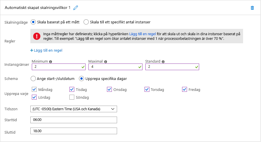 Bild 7: Schemalagd automatisk skalning i Azure.