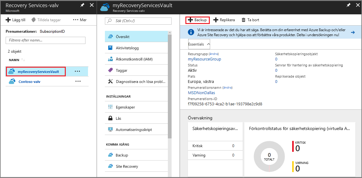 Bild 3: Konsolen för Azure Recovery Services Vault. [Courtesy Microsoft]