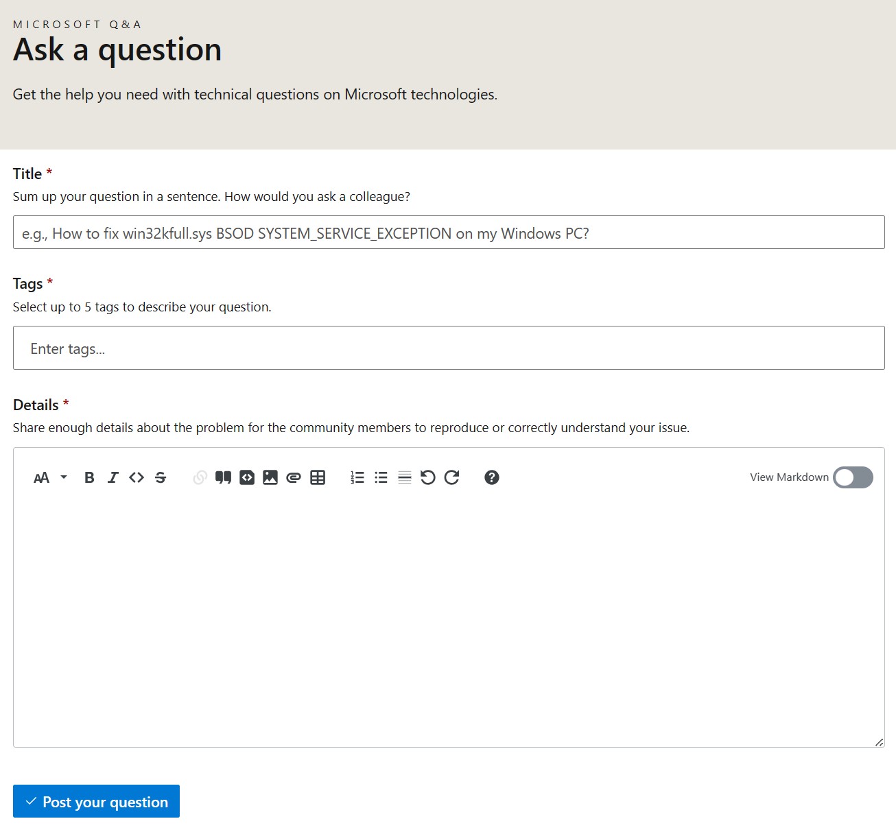 Skärmbild av ett tomt formulär för att publicera en fråga på Microsoft Q&A.