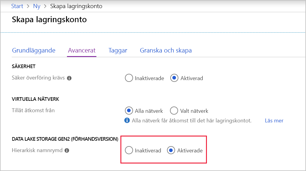 Skärmbild av avancerade inställningar för att skapa lagringskonto.