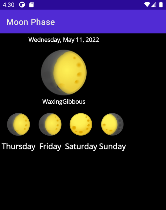 En skärmbild av astronomiappen som körs på Android. De funktioner som krävs för att navigera till sidor saknas.