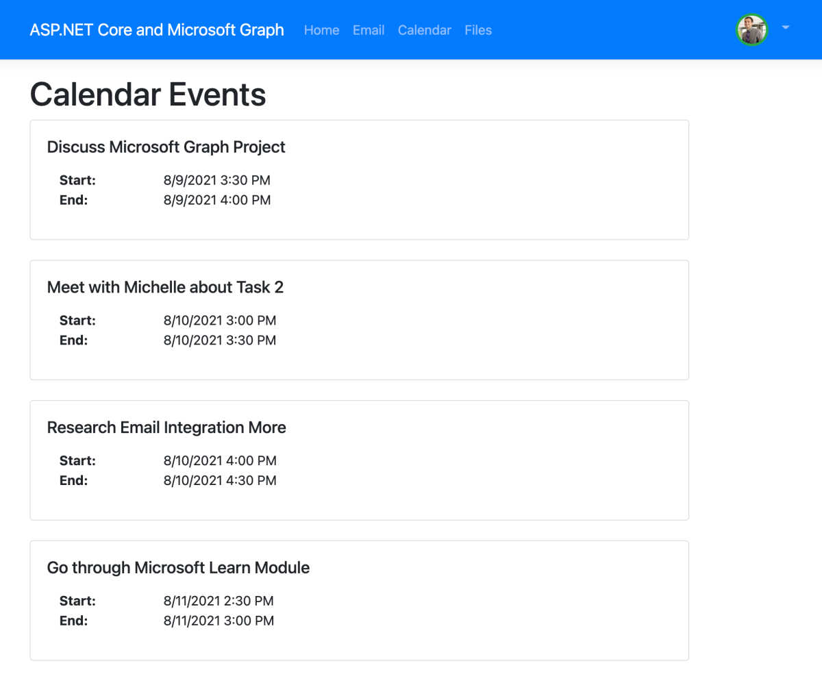 Page displaying calendar events.