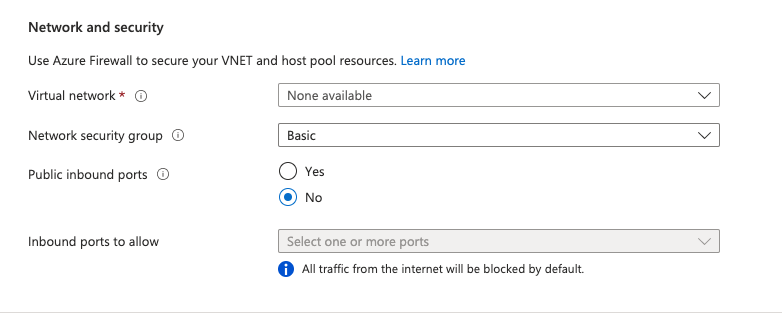 Screenshot of the Azure Virtual Desktop create host pool virtual machine network and security.