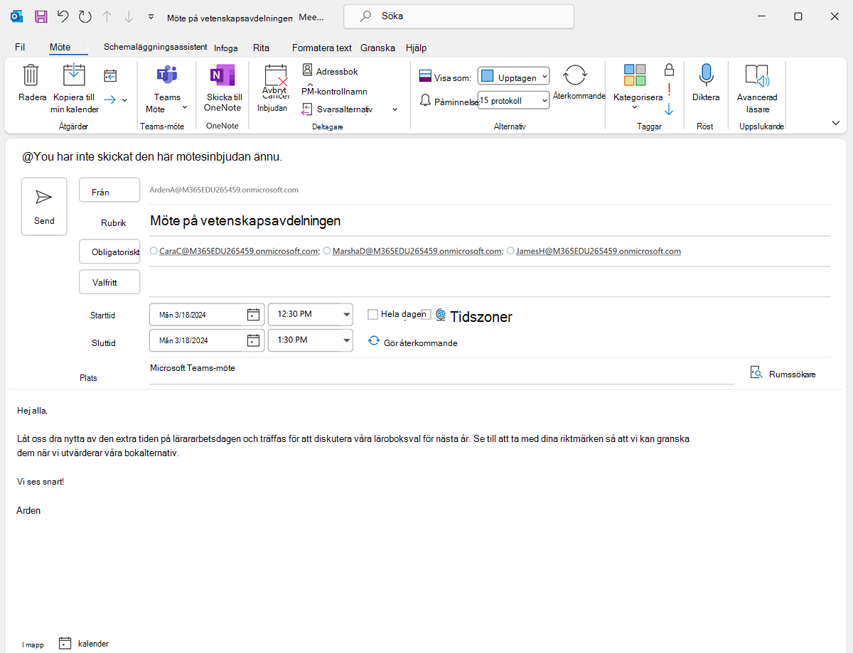 Skärmbild av Mötesschemaläggaren för Teams i Microsoft Outlook.