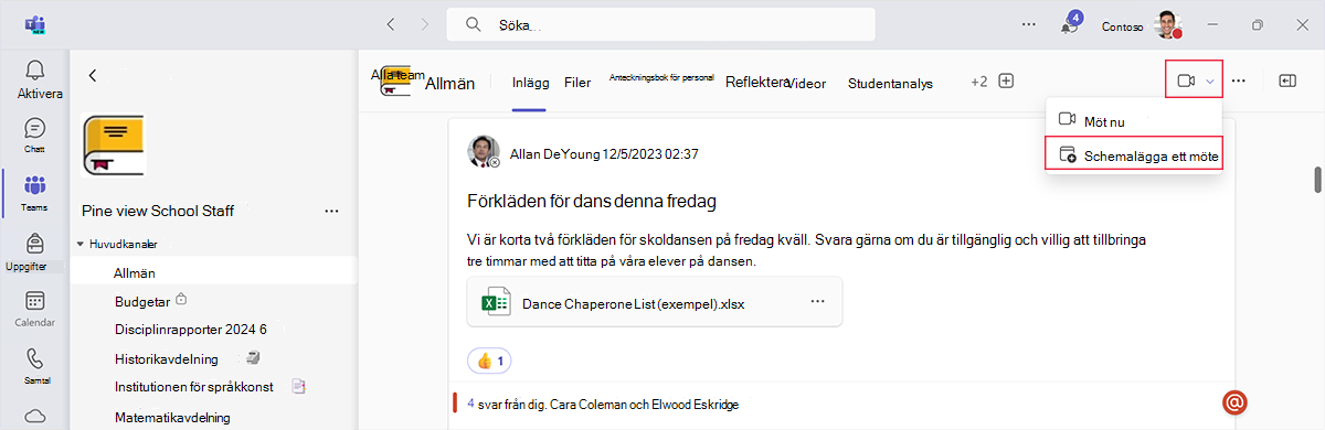 Skärmbild som visar hur du schemalägger ett möte från ett teams kanal i Microsoft Teams.