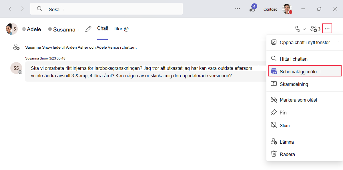 Skärmbild som visar alternativet att schemalägga ett möte med alla deltagare i en chatt i Microsoft Teams.