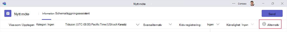 Skärmbild av knappen Alternativ när du schemalägger ett nytt möte i Teams.