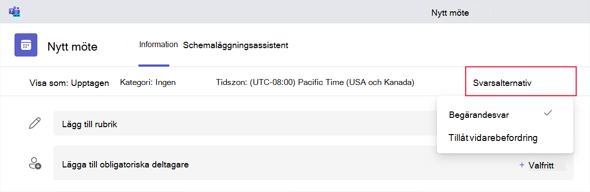 Skärmbild av svarsalternativen när du schemalägger ett nytt möte i Teams.