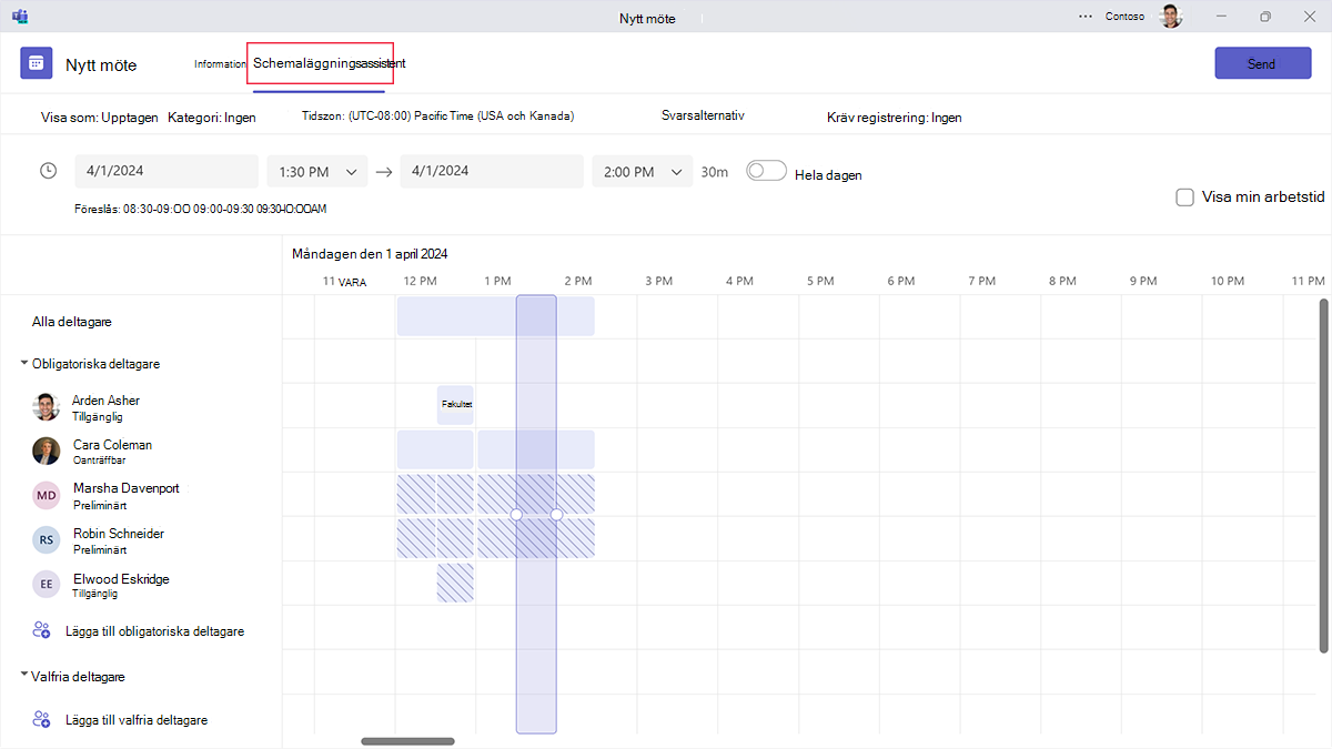 Skärmbild som visar hur Microsoft Teams schemaläggningsassistent hjälper dig att hitta en tid vad som fungerar för alla mötesdeltagare.