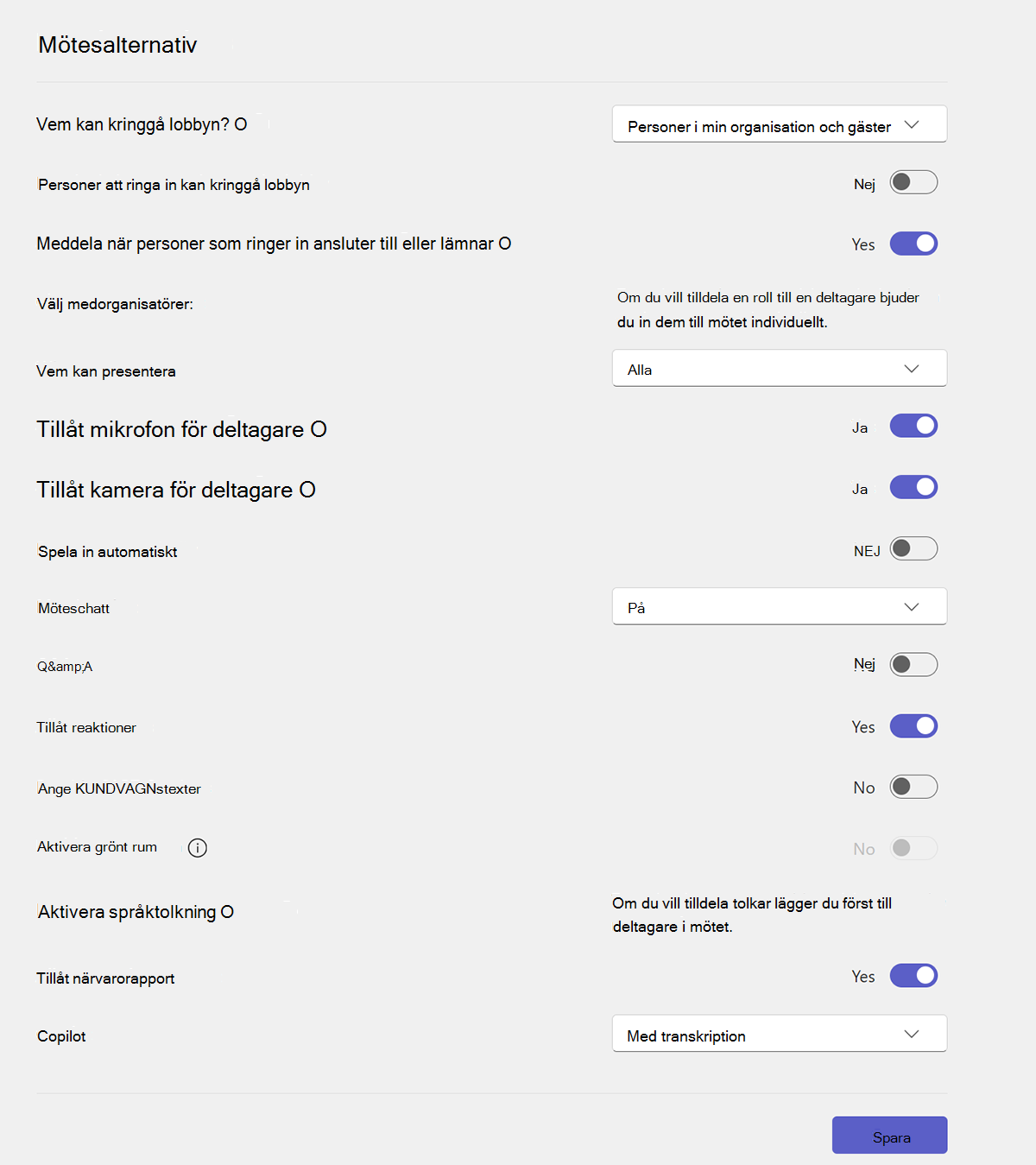 Skärmbild av mötesalternativ som kan förkonfigureras efter schemaläggning i Outlook.