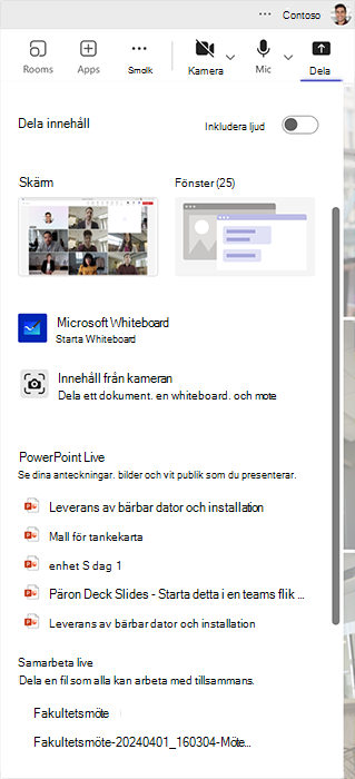 Skärmbild som visar de många sätten att dela och samarbeta kring innehåll i ett Microsoft Teams-möte.