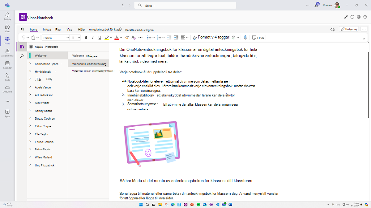 Skärmbild av sidan Välkommen till anteckningsbok för klassen i OneNote-anteckningsbok för klassen.