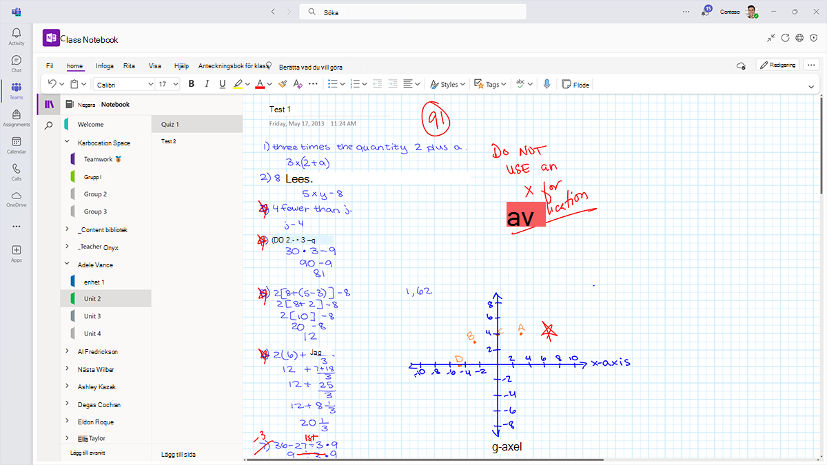 Skärmbild av ett test på en sida från en elevs personliga avsnitt i OneNote-anteckningsboken för klassen.