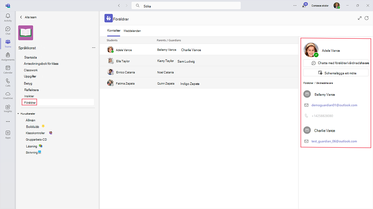 Skärmbild av appen Föräldrar i ett Microsoft-klassteam.