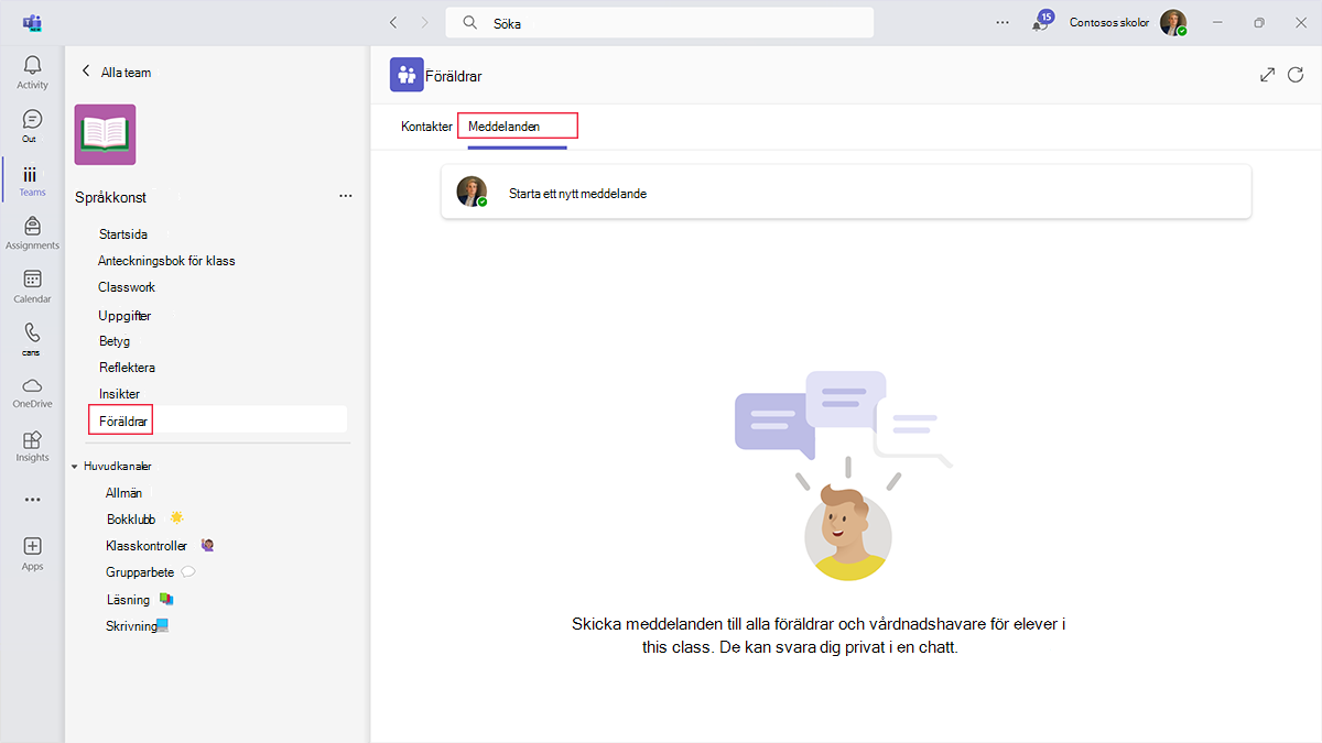 Skärmbild som visar hur du skickar ett meddelande till vårdnadshavare i appen Föräldrar i Microsoft Teams för utbildning.