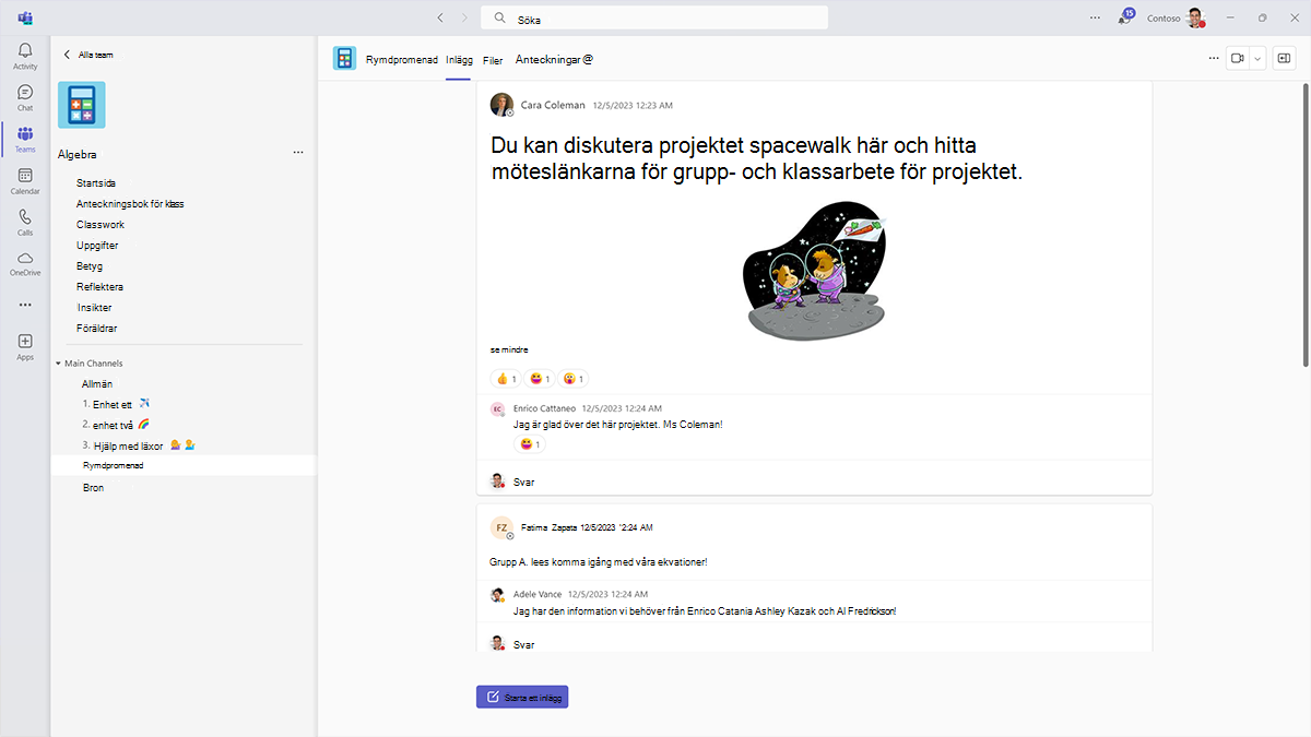 Skärmbild av en gruppprojektkanal i ett klassteam i Microsoft Teams.