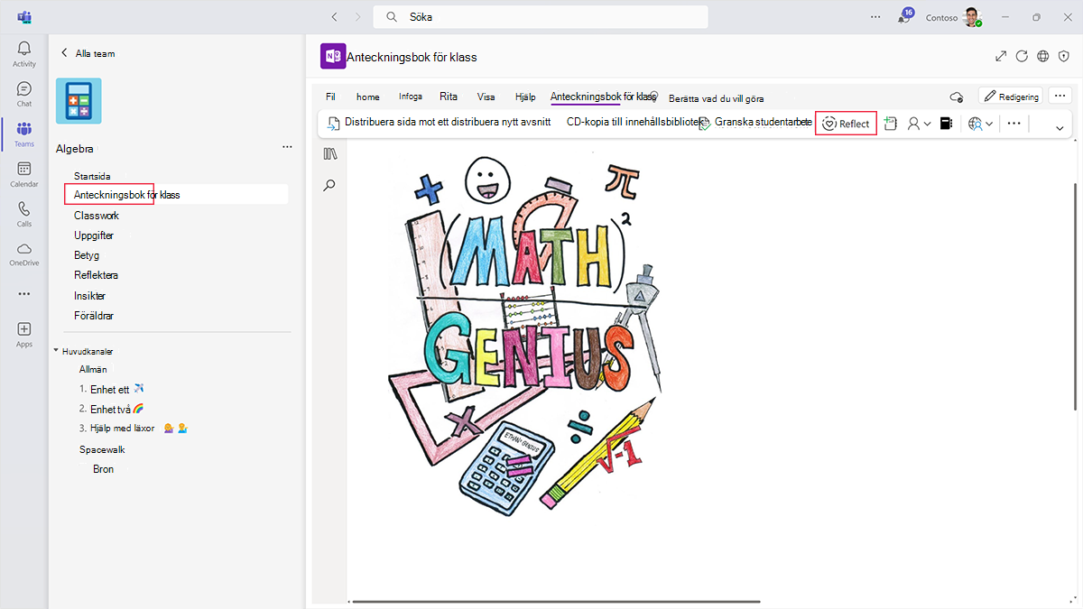 Skärmbild av ikonen Reflektera i en anteckningsbok för klassen i Microsoft Teams.