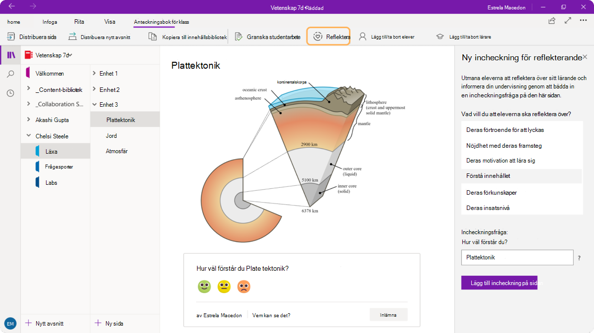 Screenshot of a Reflect check-in in a OneNote Class Notebook.