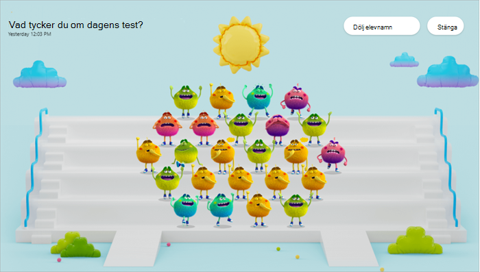 Screenshot of the together view of the Reflect app after a poll closed. Feelings monsters representing each student stand on bleachers as if taking a class picture. The various colors and body language of the feelings monsters illustrate the moods in the class.