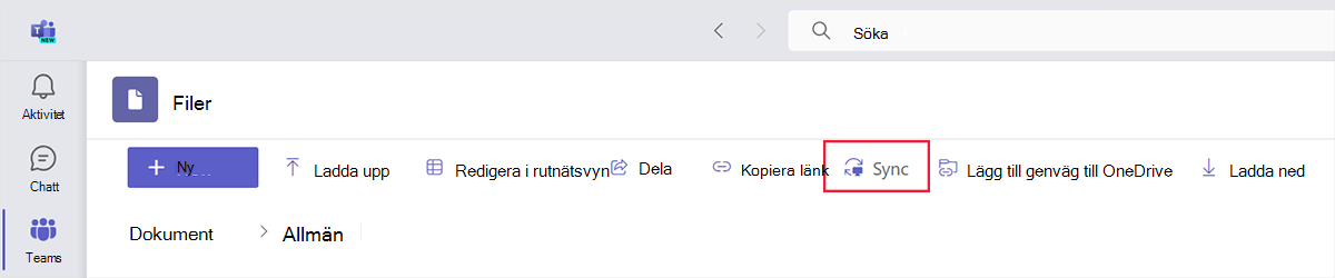 Skärmbild av fliken Filer och synkroniseringsikonen i Microsoft Teams.