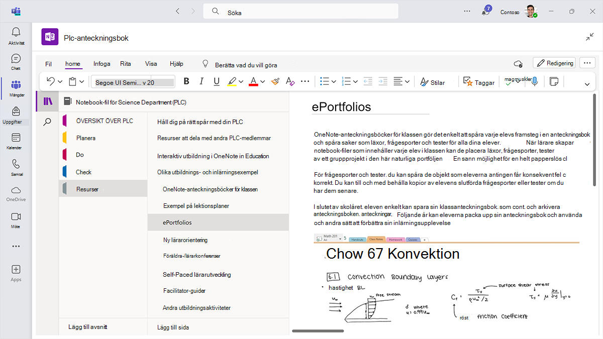 Skärmbild av en PLC OneNote-anteckningsbok i Microsoft Teams för utbildning öppnas i resursavsnittet.