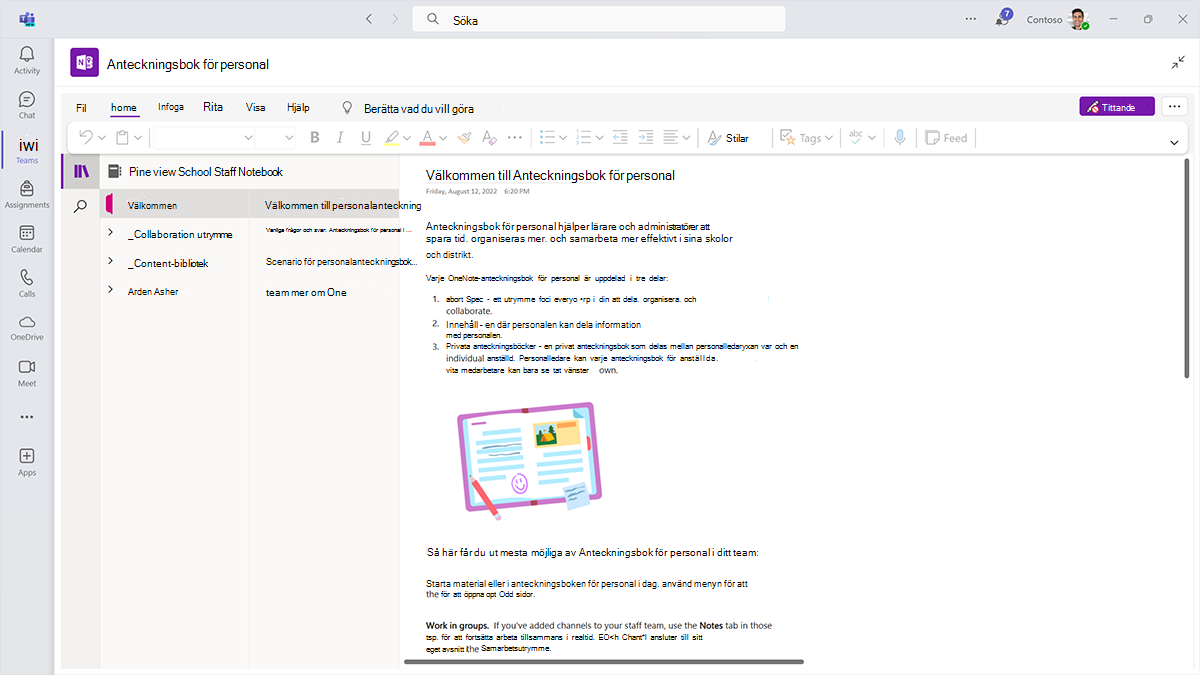 Skärmbild av välkomstsidan i en OneNote-anteckningsbok för personal i Microsoft Teams för utbildning.