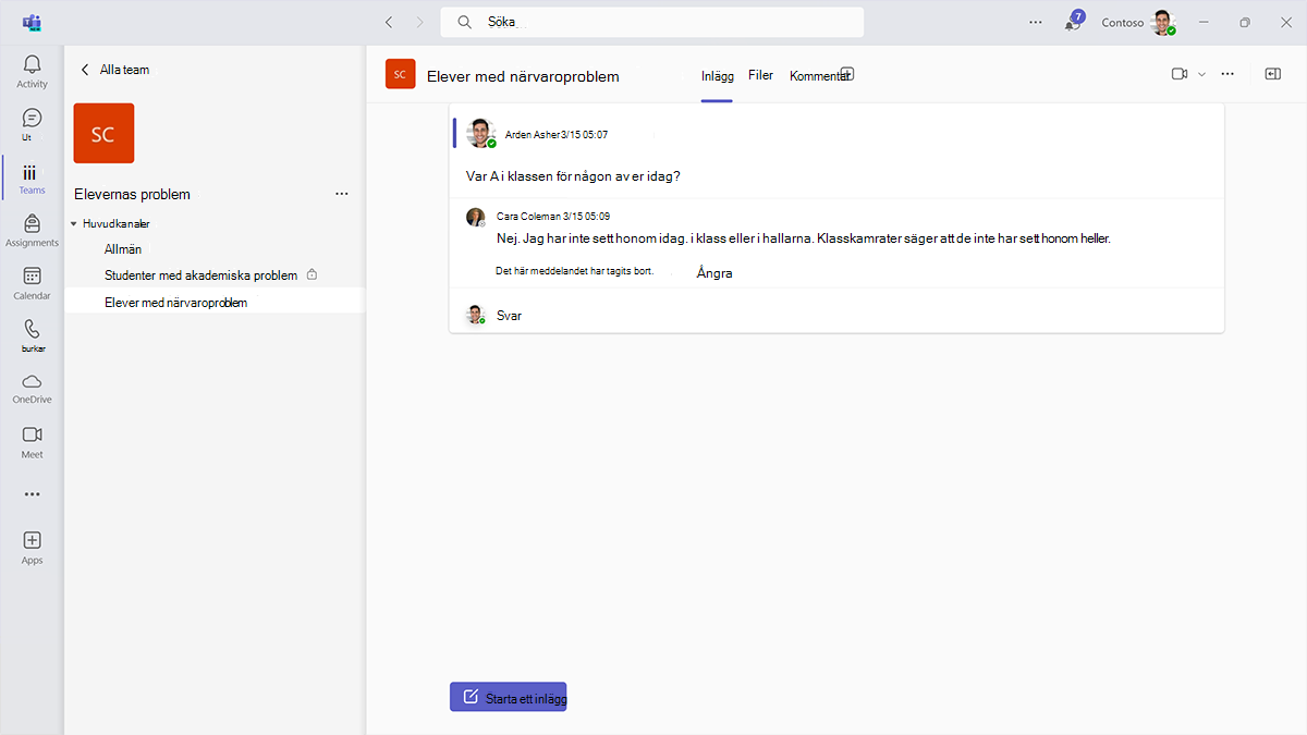 Skärmbild av kanallistan och kanalinlägget om närvaroproblem i teamet för elevfrågor i Microsoft Teams för utbildning.