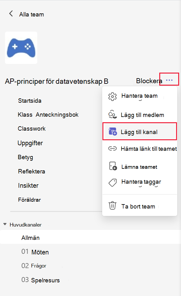 Skärmbild av hur du lägger till en kanal i ett team i Microsoft Teams.