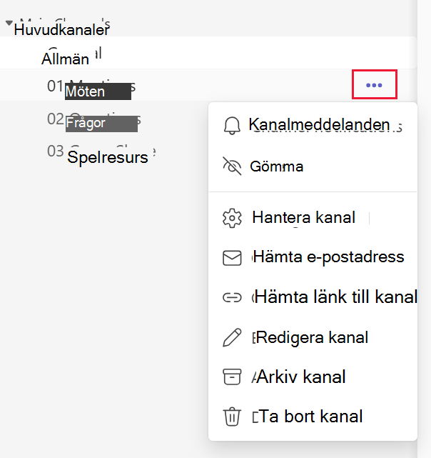 Skärmbild av kanalinställningarna i Microsoft Teams.