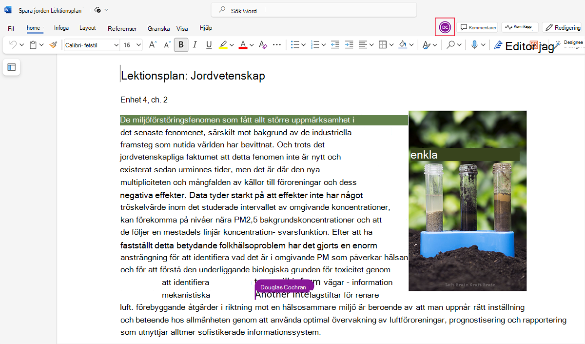 Skärmbild av ett Word dokument med en medarbetare i Microsoft Teams.