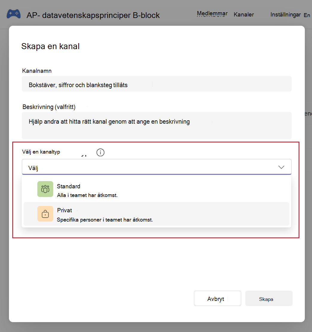 Skärmbild av sekretessinställningarna för en ny kanal i Microsoft Teams.