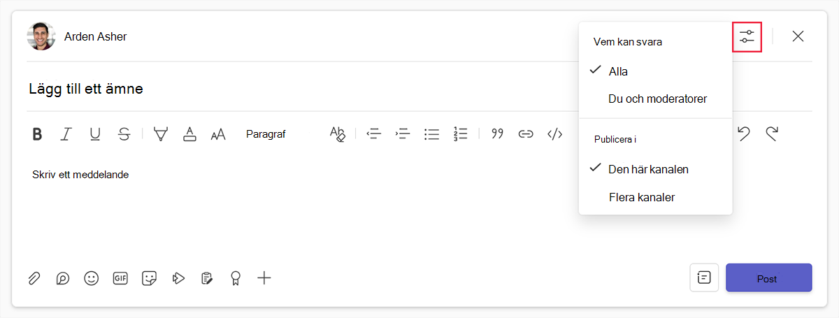 Skärmbild av postinställningar för vem som kan svara och alternativ för att publicera till flera kanaler i Microsoft Teams.