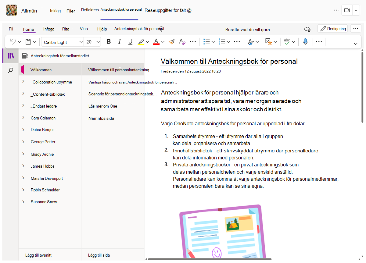 Skärmbild av OneNote-anteckningsboken för personal i Microsoft Teams.