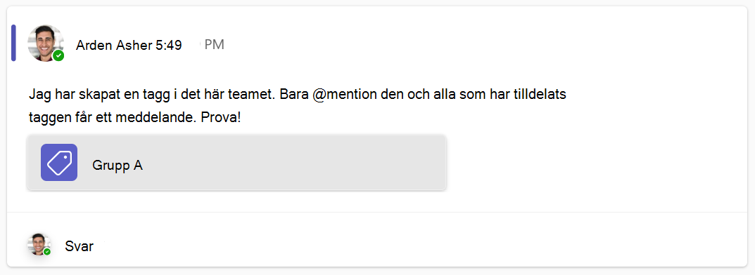 Skärmbild av kanalinlägg som presenterar ny teamtagg i Microsoft Teams.