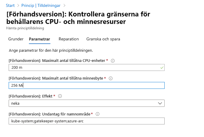 Skärmbild som visar informationen på fliken Parametrar.