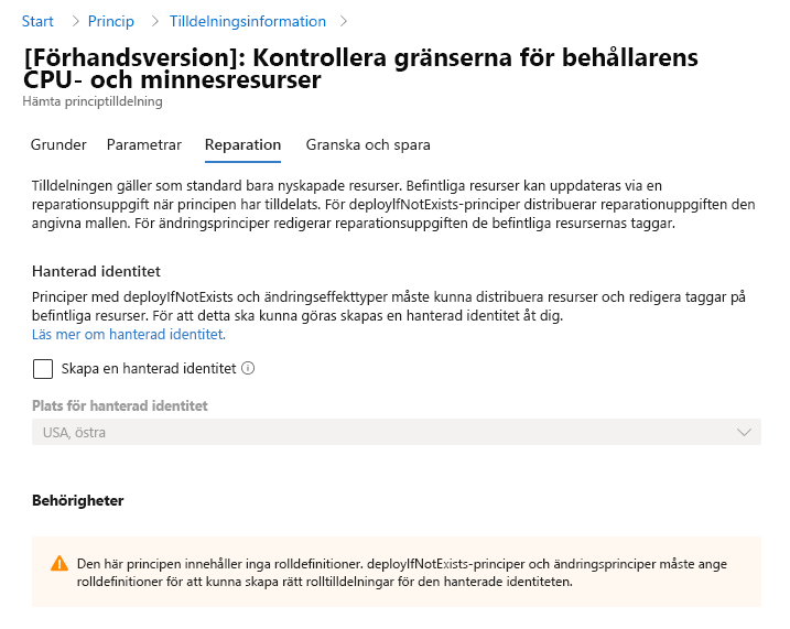 Skärmbild som visar den information som samlas in på fliken Reparation.