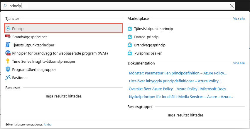 Skärmbild av den allmänna sökrutan i Azure-portalen med ett resultat som visar Azure Policy-tjänsten.