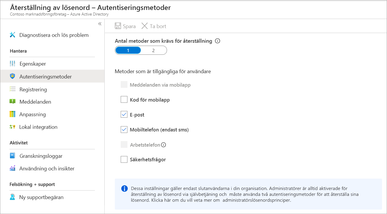 Skärmbild av alternativet Autentiseringsmetoder som är markerat på panelen för lösenordsåterställning, med autentiseringsalternativ.