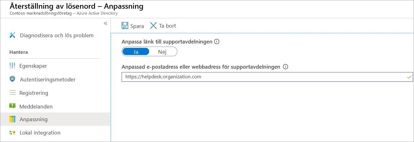 Skärmbild av panelen för lösenordsåterställning med alternativet Anpassning valt. En panel med helpdesk-alternativ visas.