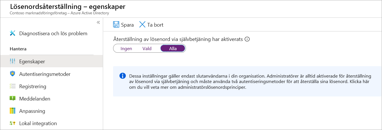 Skärmbild av konfigurationspanelen för lösenordsåterställning. Alternativet Egenskaper är valt så att användaren kan aktivera lösenordsåterställning med självbetjäning.