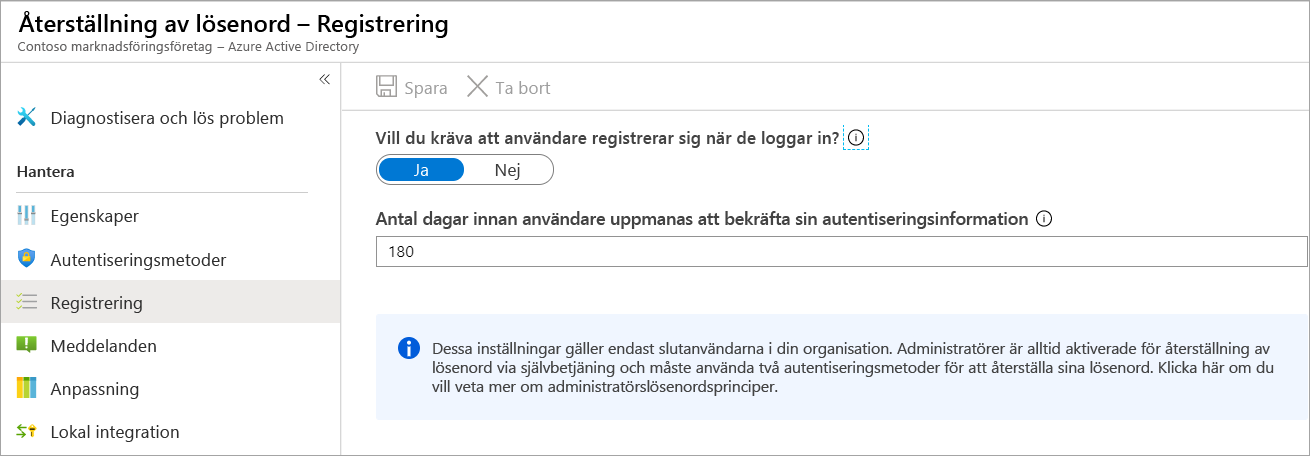 Skärmbild av panelen för lösenordsåterställning med alternativet Registrering valt. En panel med registreringsalternativ visas.