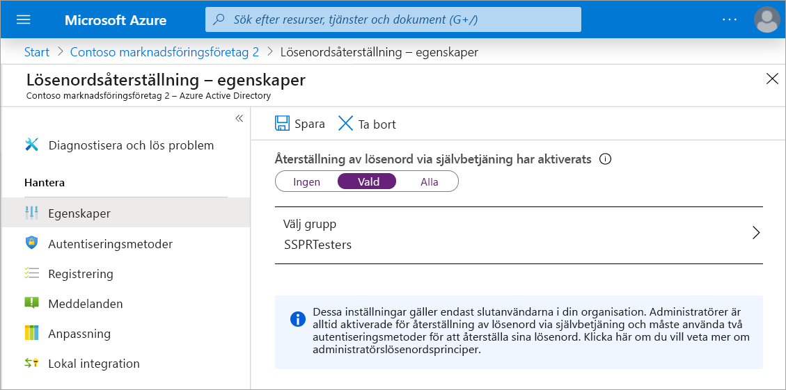 Skärmbild av egenskapspanelen Återställning av lösenordd med SSPR aktiverad och den valda gruppen angiven till SSPRTesters.