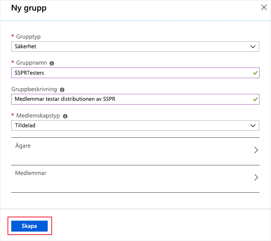 Skärmbild som visar det nya gruppformuläret ifyllt och knappen Skapa markerad.