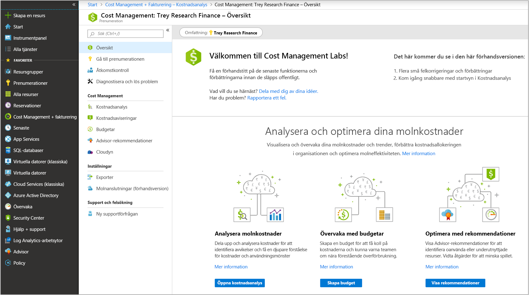 Skärmbild av Azure-portalen navigerad till översiktspanelen i Kostnadshantering från navigeringen på sidan Kostnadshantering + fakturering.