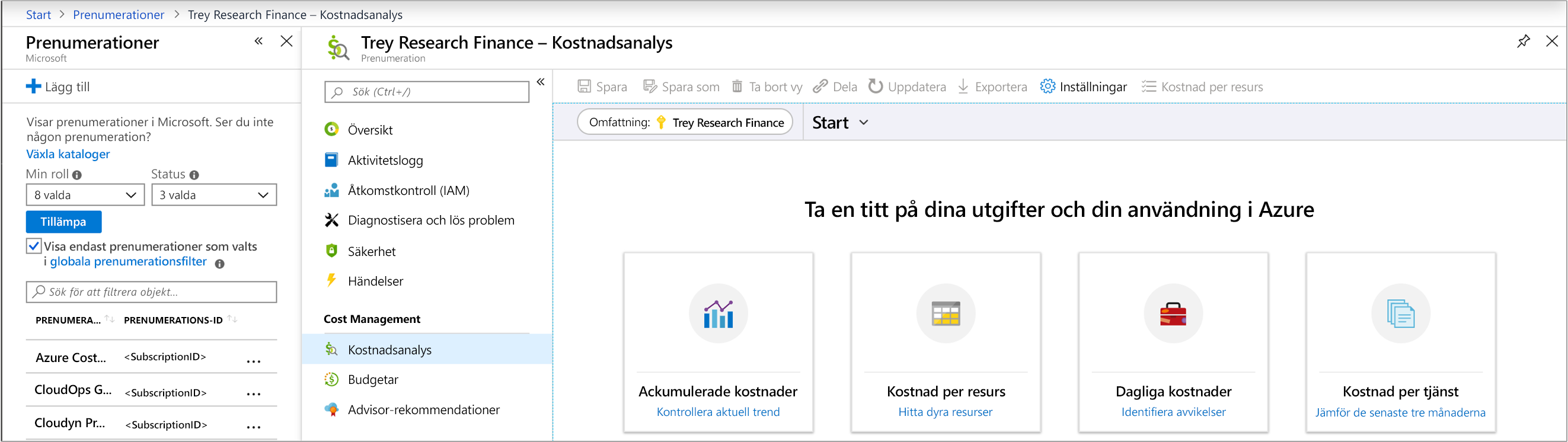 Skärmbild av Azure-portalen navigerad till panelen Kostnadsanalys i en prenumeration.