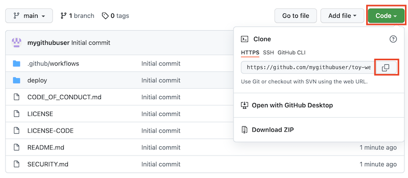 Skärmbild av GitHub-gränssnittet som visar den nya lagringsplatsen med U R L-kopieringsknappen markerad.