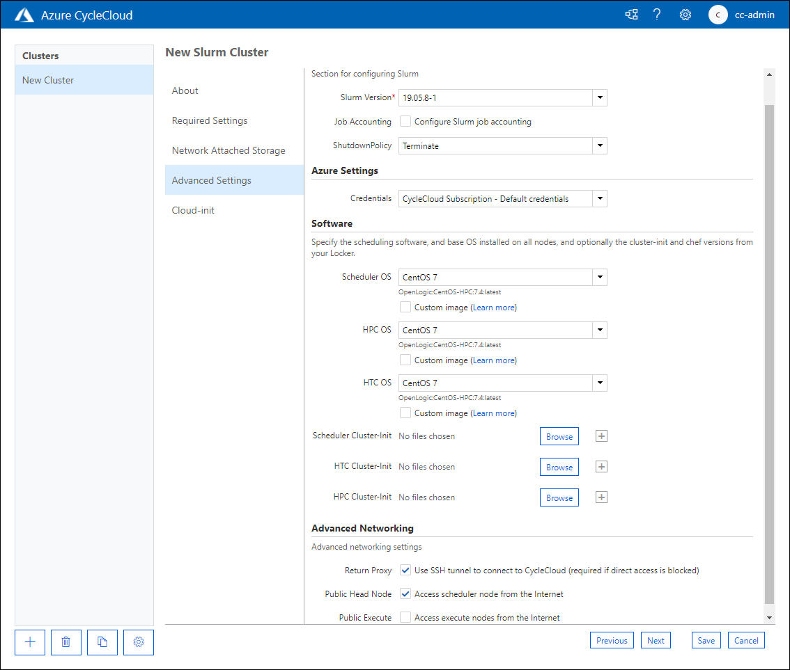 Skärmbild som visar fliken Avancerade inställningar på sidan Nytt Slurm-kluster i Azure CycleCloud-webbprogrammet.