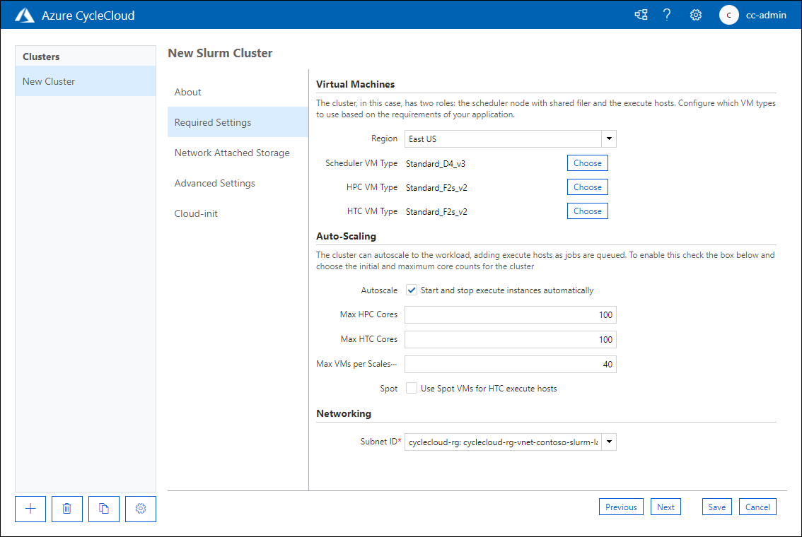 Skärmbild som visar fliken Obligatoriska inställningar på sidan Nytt Slurm-kluster i Azure CycleCloud-webbprogrammet.