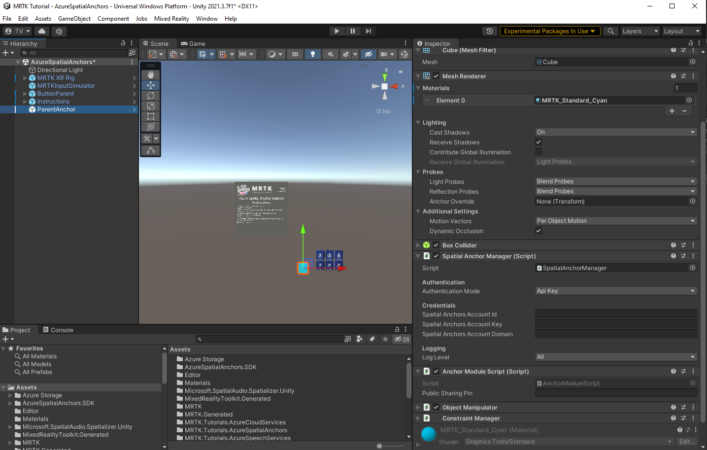 Screenshot of Unity with the Spatial Anchor Manager configured.