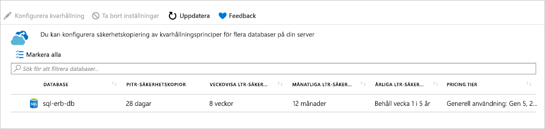 Skärmbild av slutförda principinställningar för långsiktig kvarhållning.